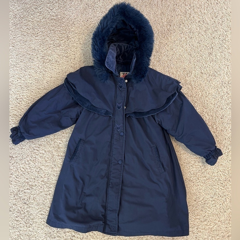 VINTAGE Big Chill Hooded Capelet Parka 10 Navy Blue Velvet Trim Heart Faux Fur